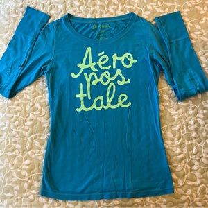 Aeropostale blue long sleeve tee with green sparkly text - juniors L